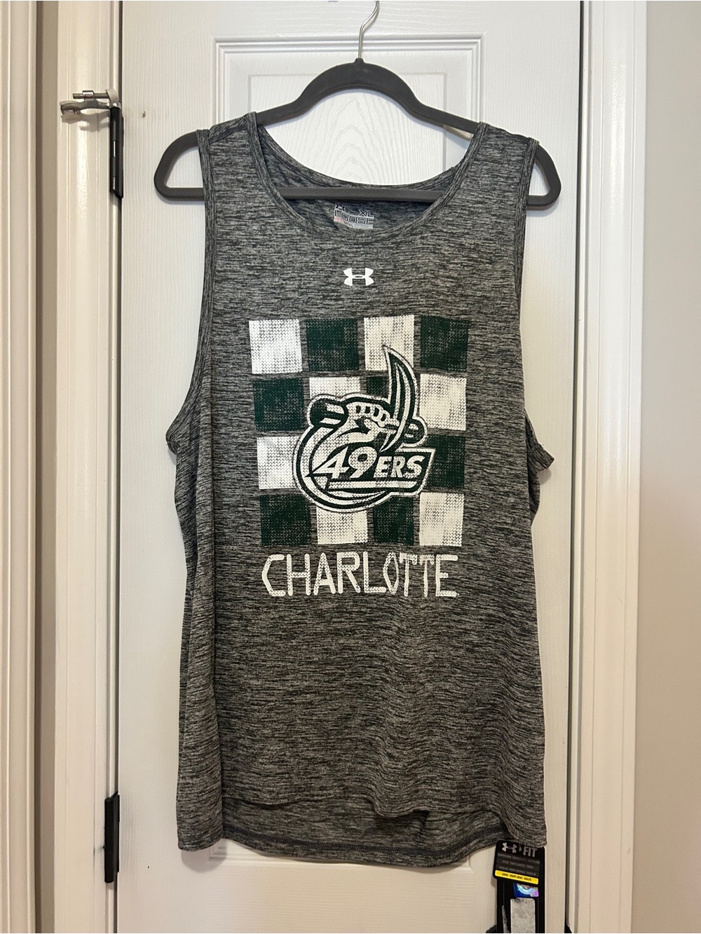 Under Armour Gray Heather Performance Tank with White Logo and Green Detail